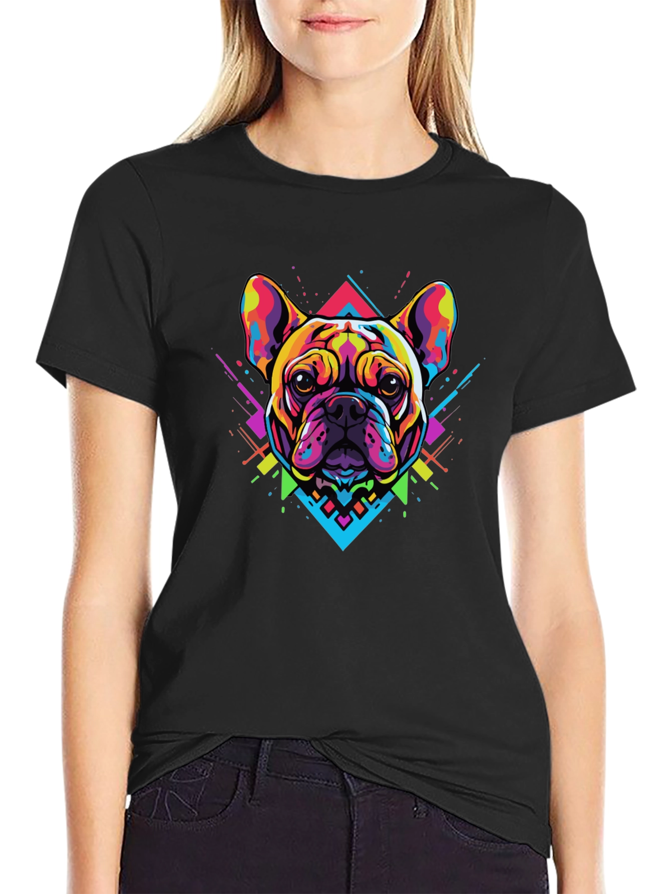 Black Bold Geometric Bulldog Graphic Tee - Black view 2