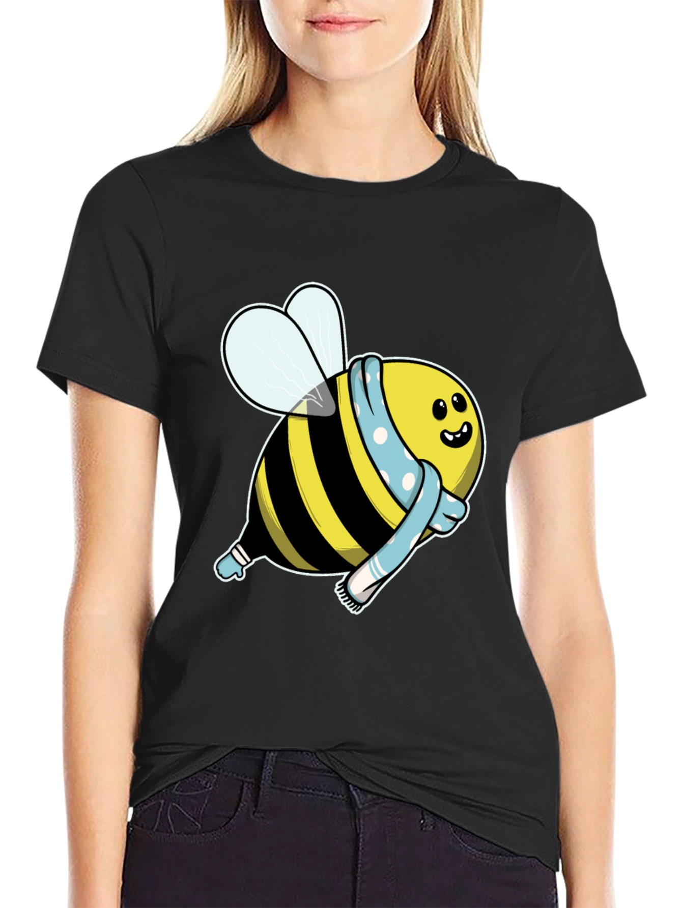 Black Cute Cartoon Bee T-Shirt - Black Cotton Blend view 2