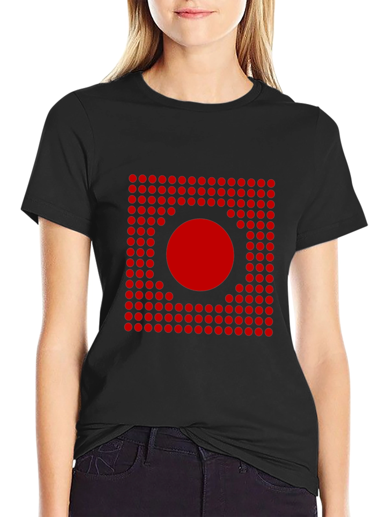 Black Geometric Red Dot Pattern T-Shirt view 2