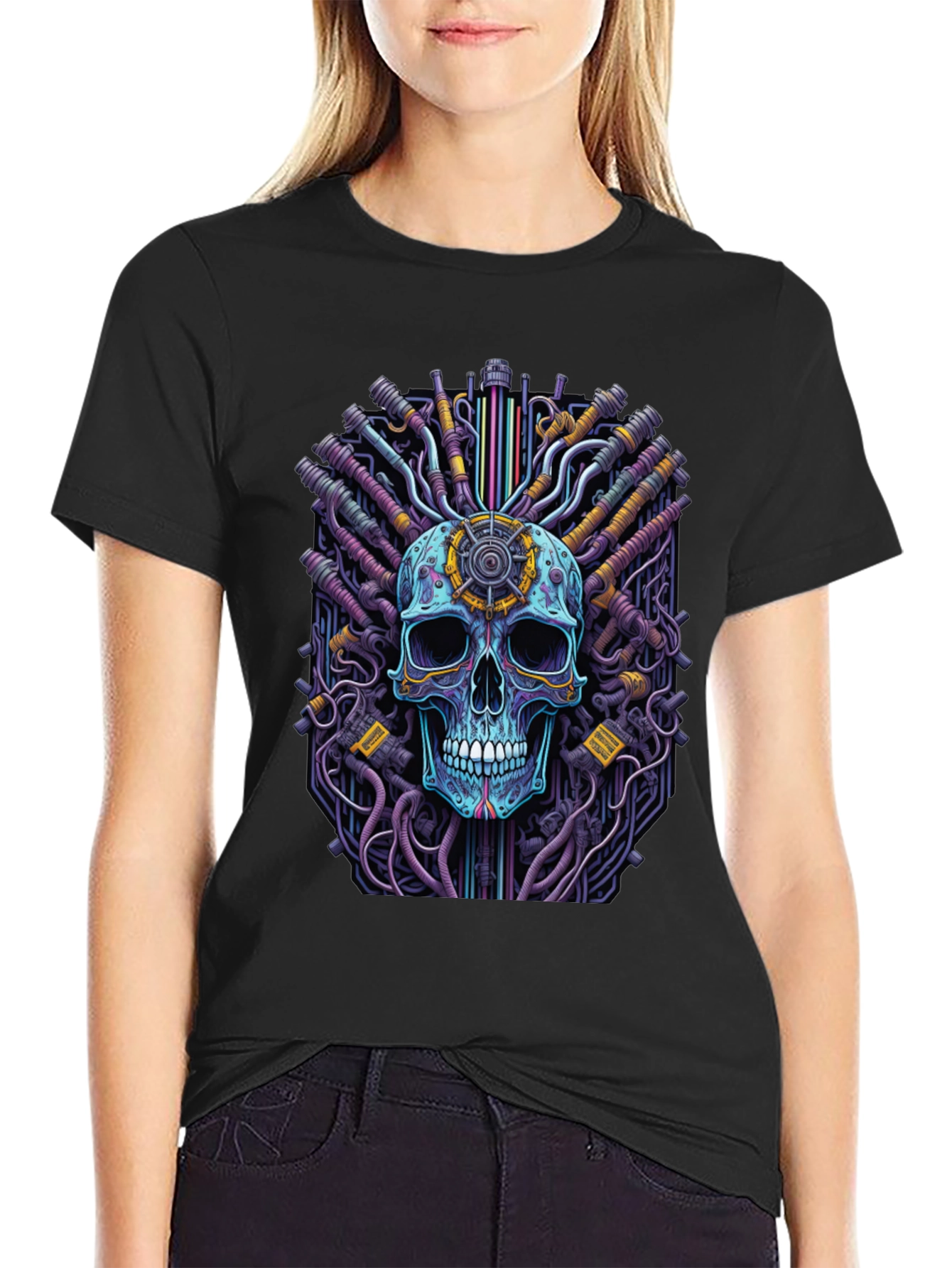 Black Cyberpunk Skull Graphic Tee - Black view 2