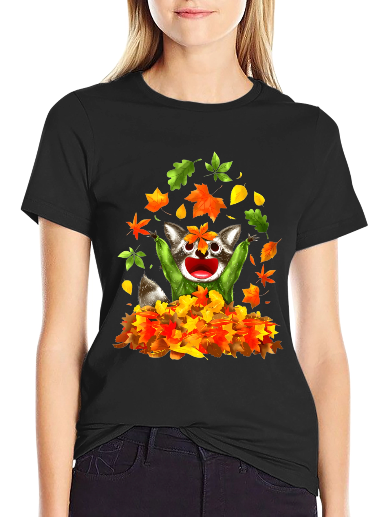 Black Raccoon Leaves Graphic T-Shirt - Autumn Fun view 2