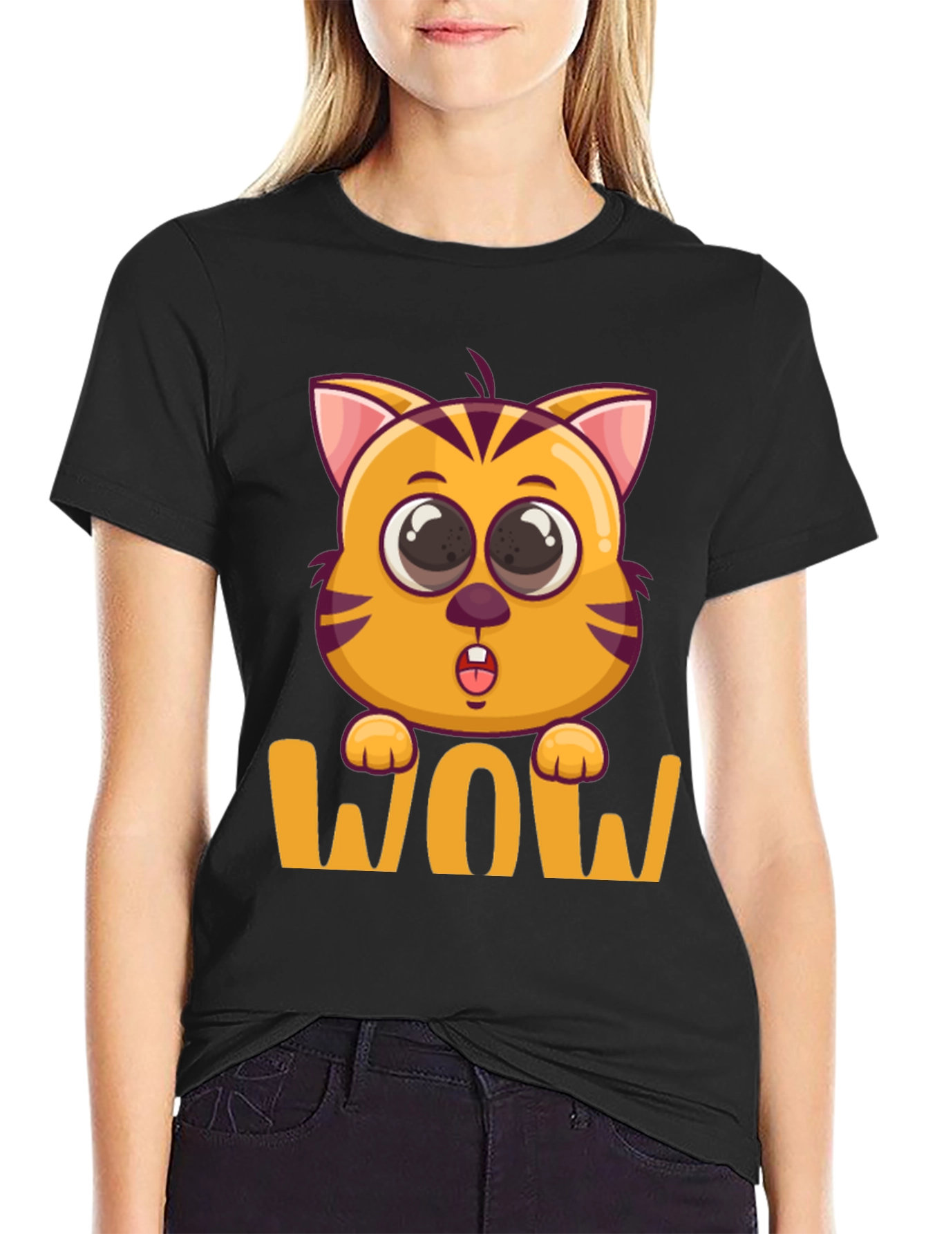 Black WOW Cat T-Shirt - Cute Cartoon Kitten Tee view 2