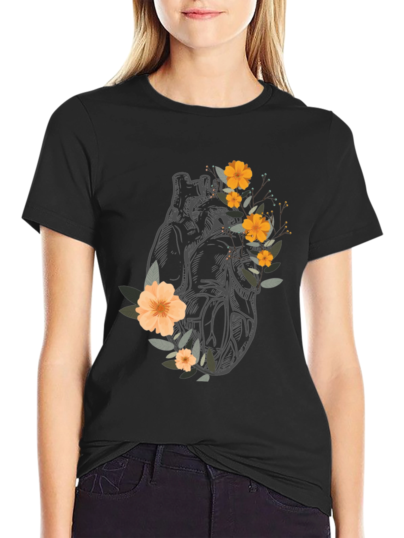 Black Anatomical Heart Floral Graphic Tee - Black view 2