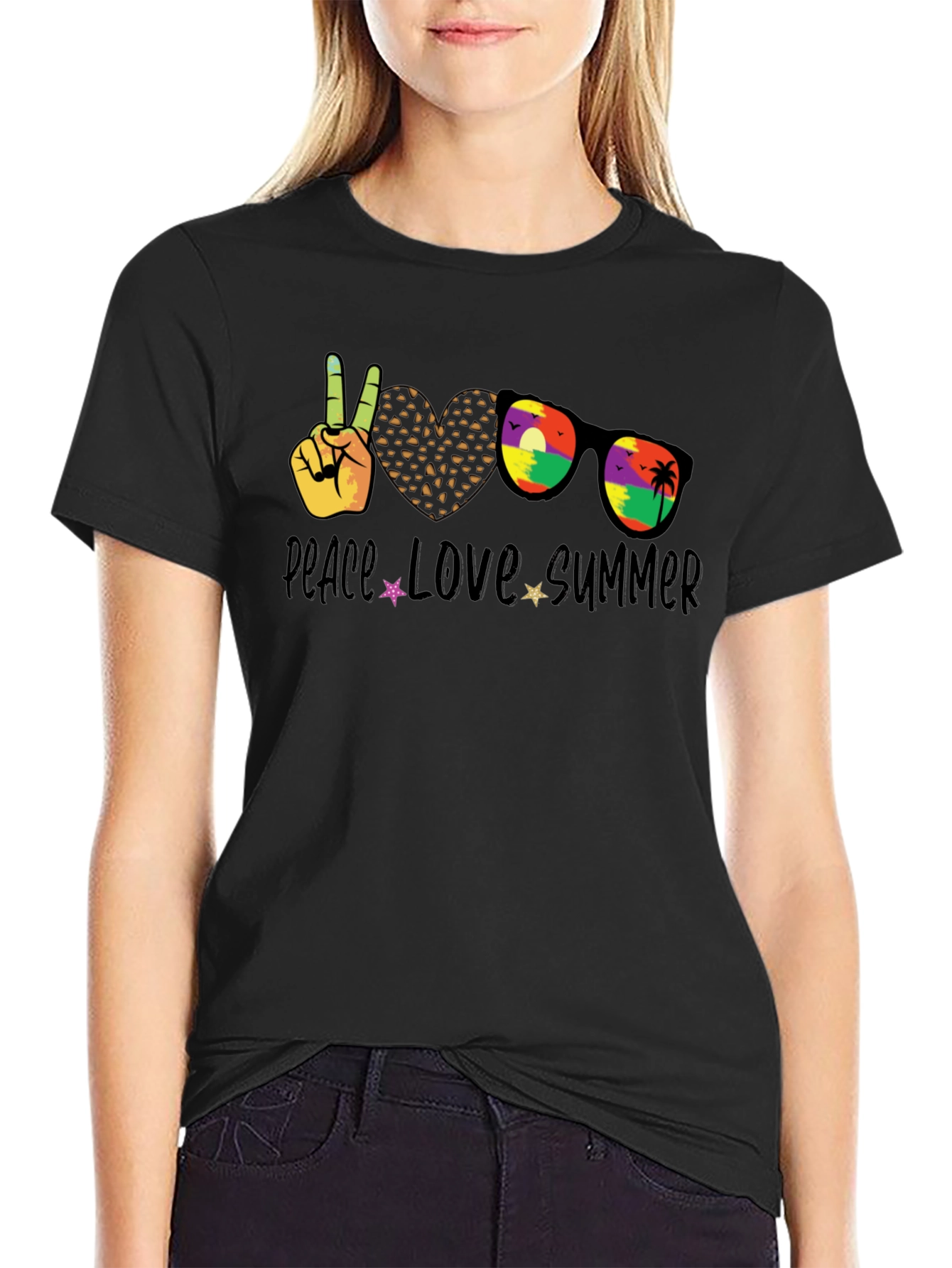 Black Peace Love Summer T-Shirt, Unisex Casual Tee view 2
