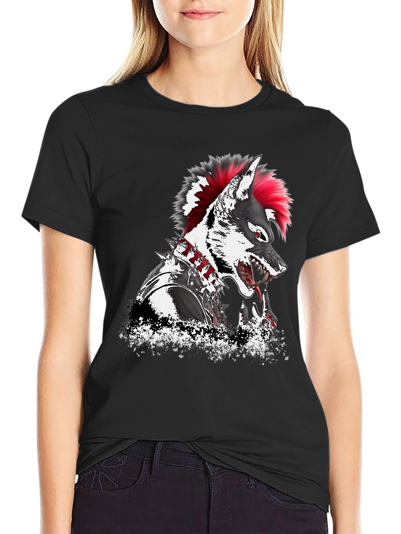 Black Punk Wolf Graphic T-Shirt - Unique Design view 2