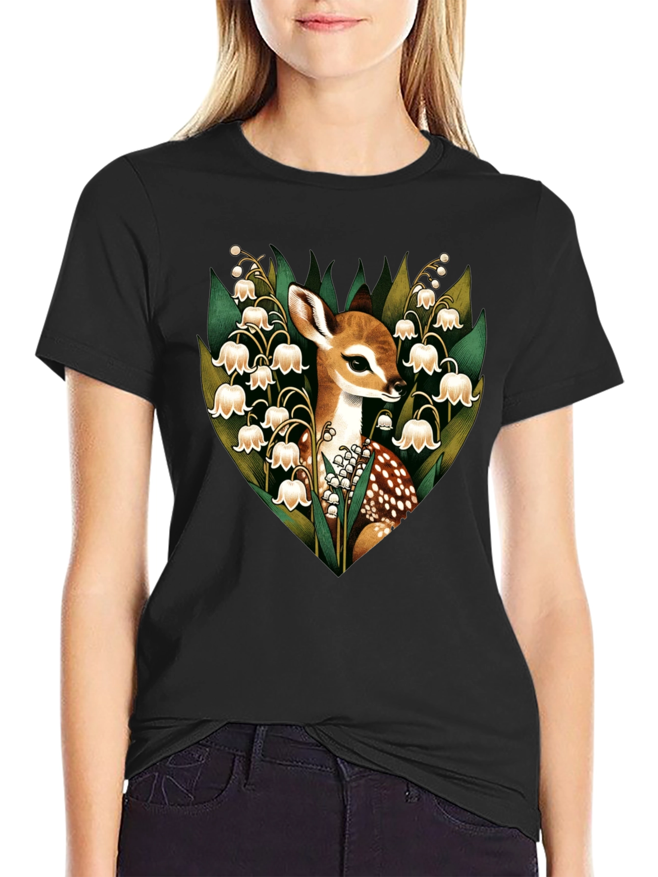 Black Deer & Lily of the Valley Graphic T-Shirt view 2