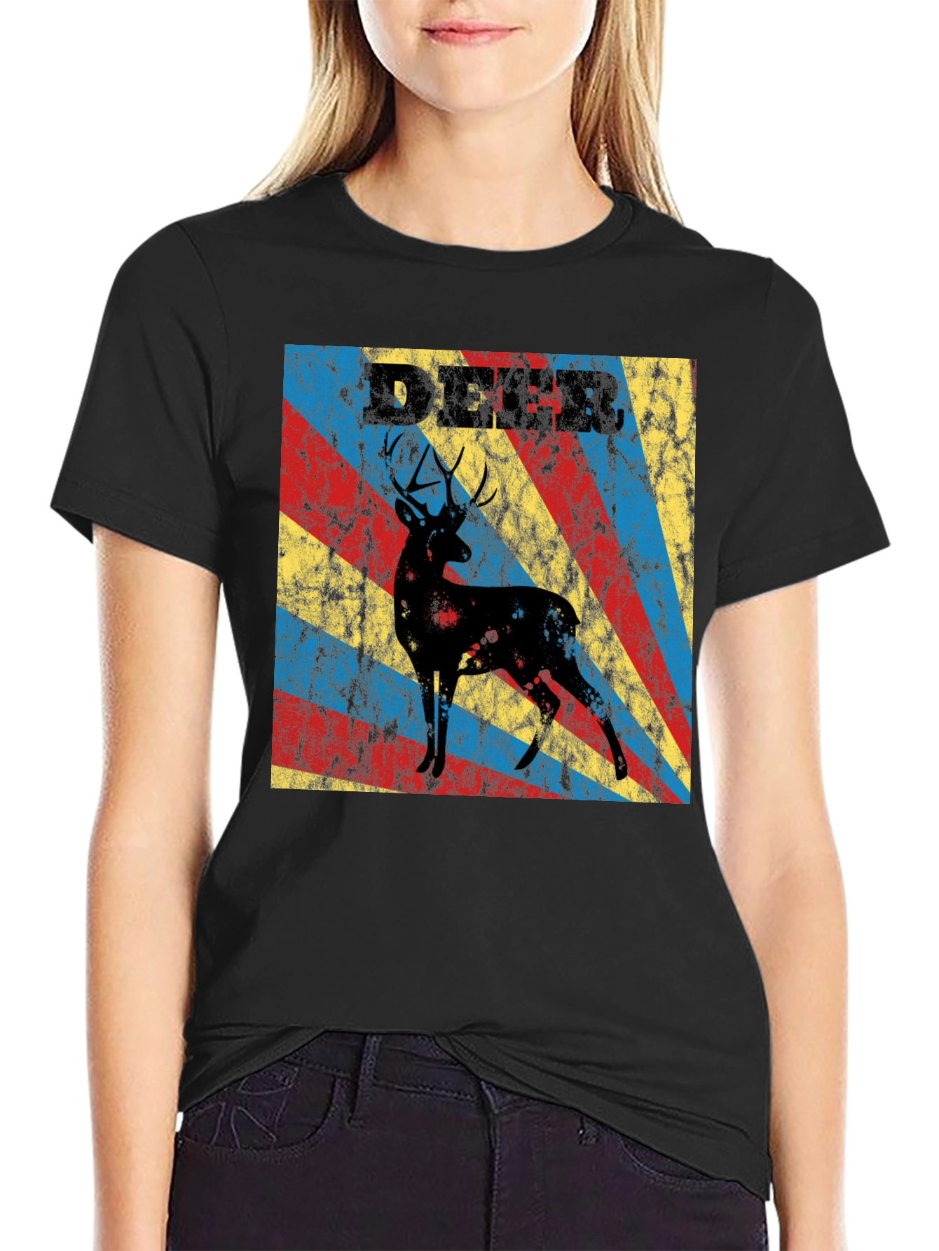 Black Vintage Deer Graphic T-Shirt - Retro Style Tee view 2