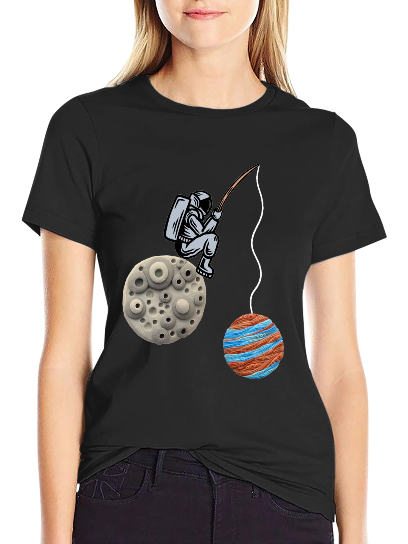 Black Astronaut Fishing Planet Graphic T-Shirt view 2