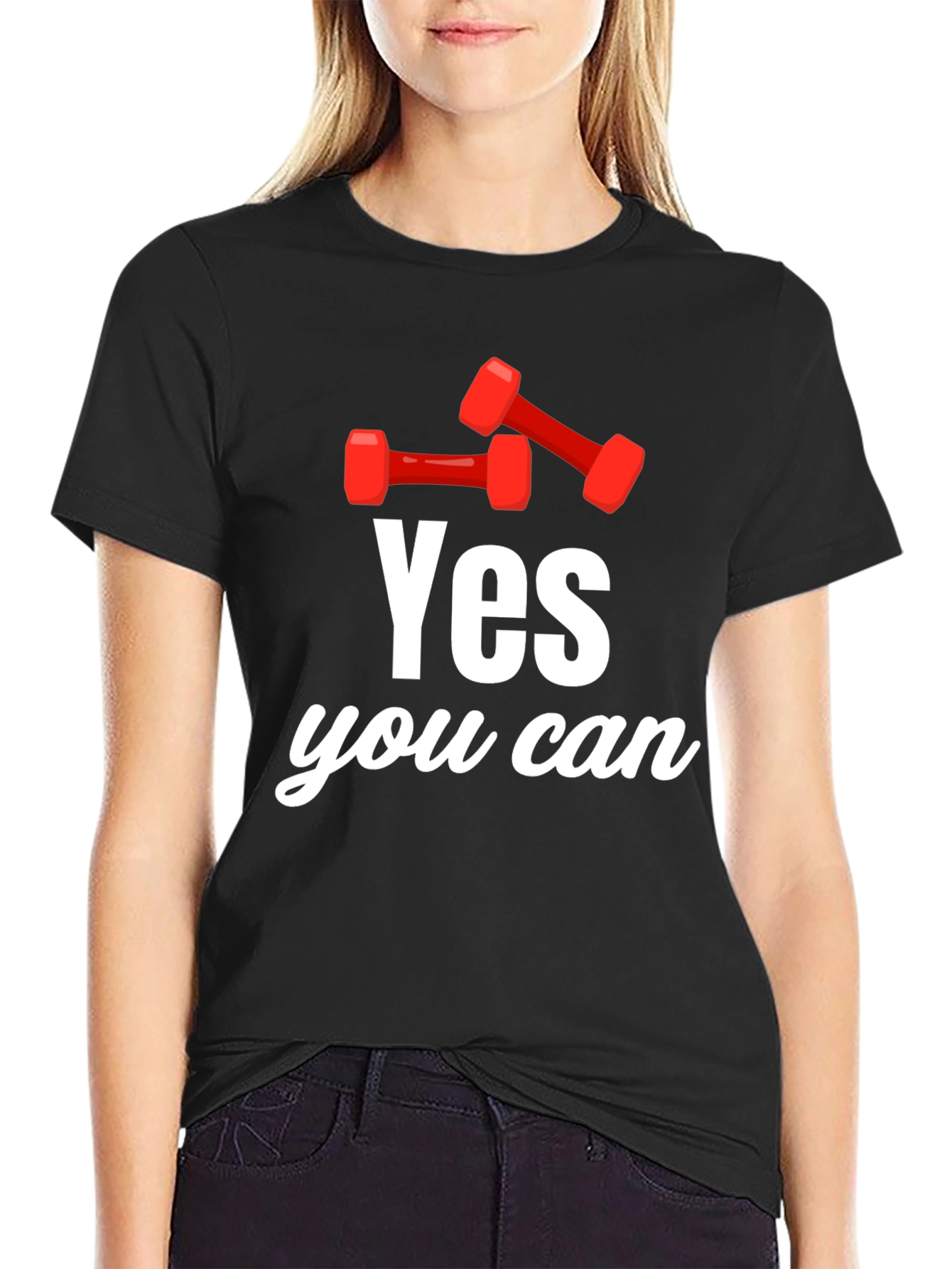 Black Yes You Can! Dumbbell Graphic T-Shirt - Motivational Gym Tee view 2