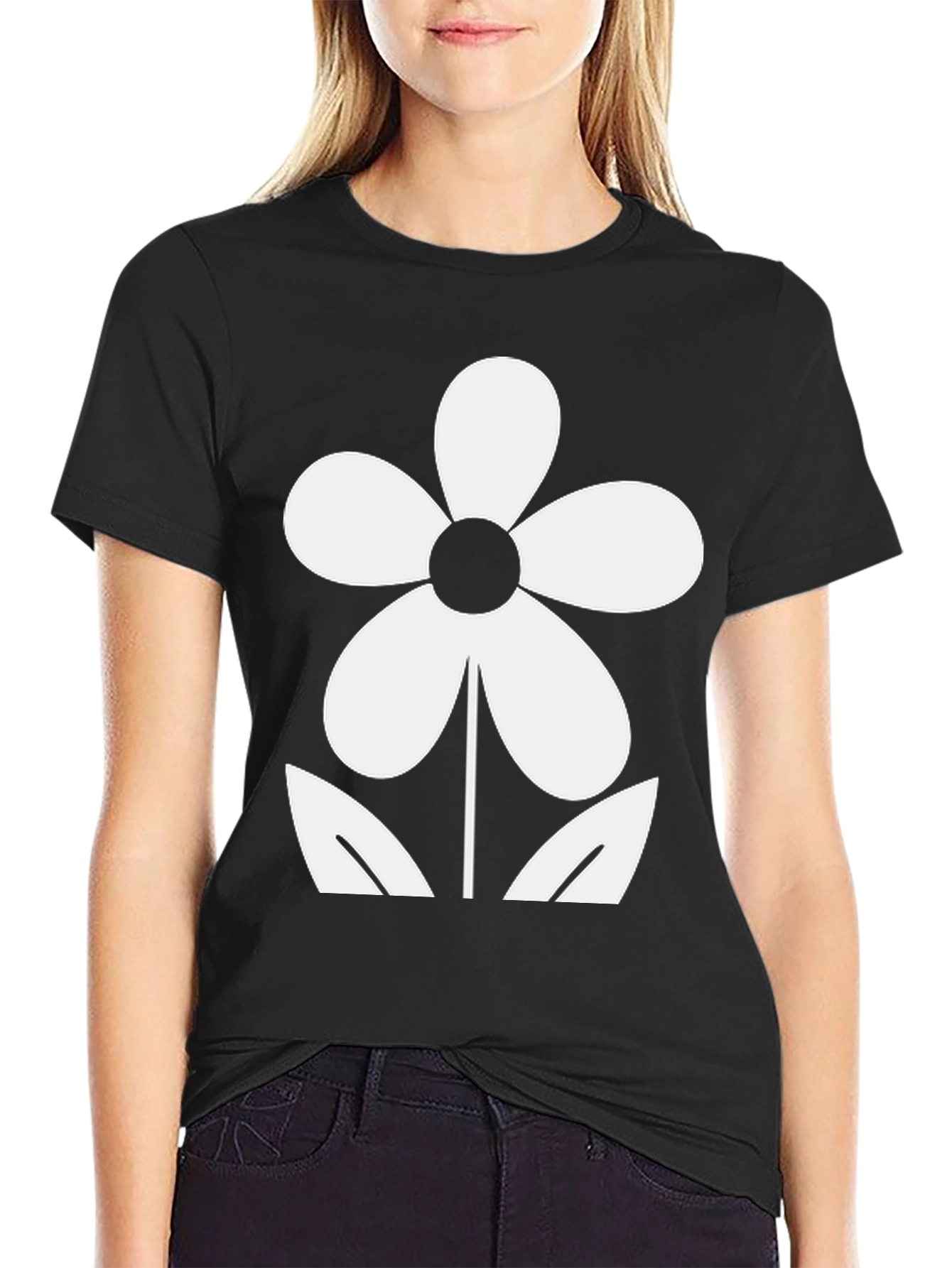 Black Black T-Shirt with White Flower Graphic view 2