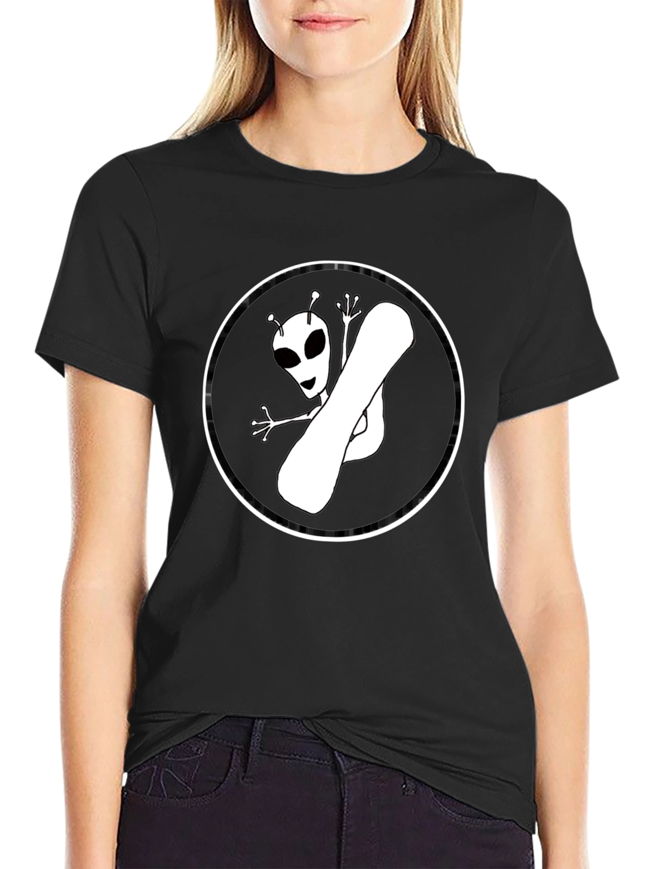 Black Alien Snowboarder Graphic Tee - Black Cotton T-Shirt view 2