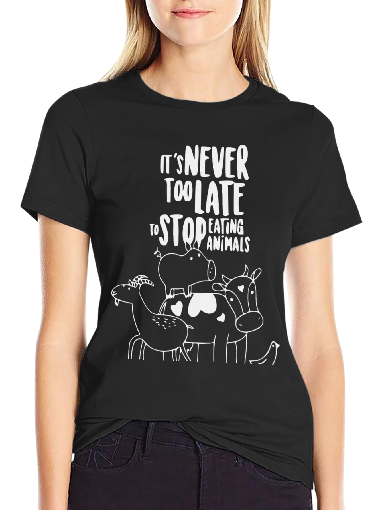 Black Vegan T-Shirt - It's Never Too Late Graphic Tee view 2
