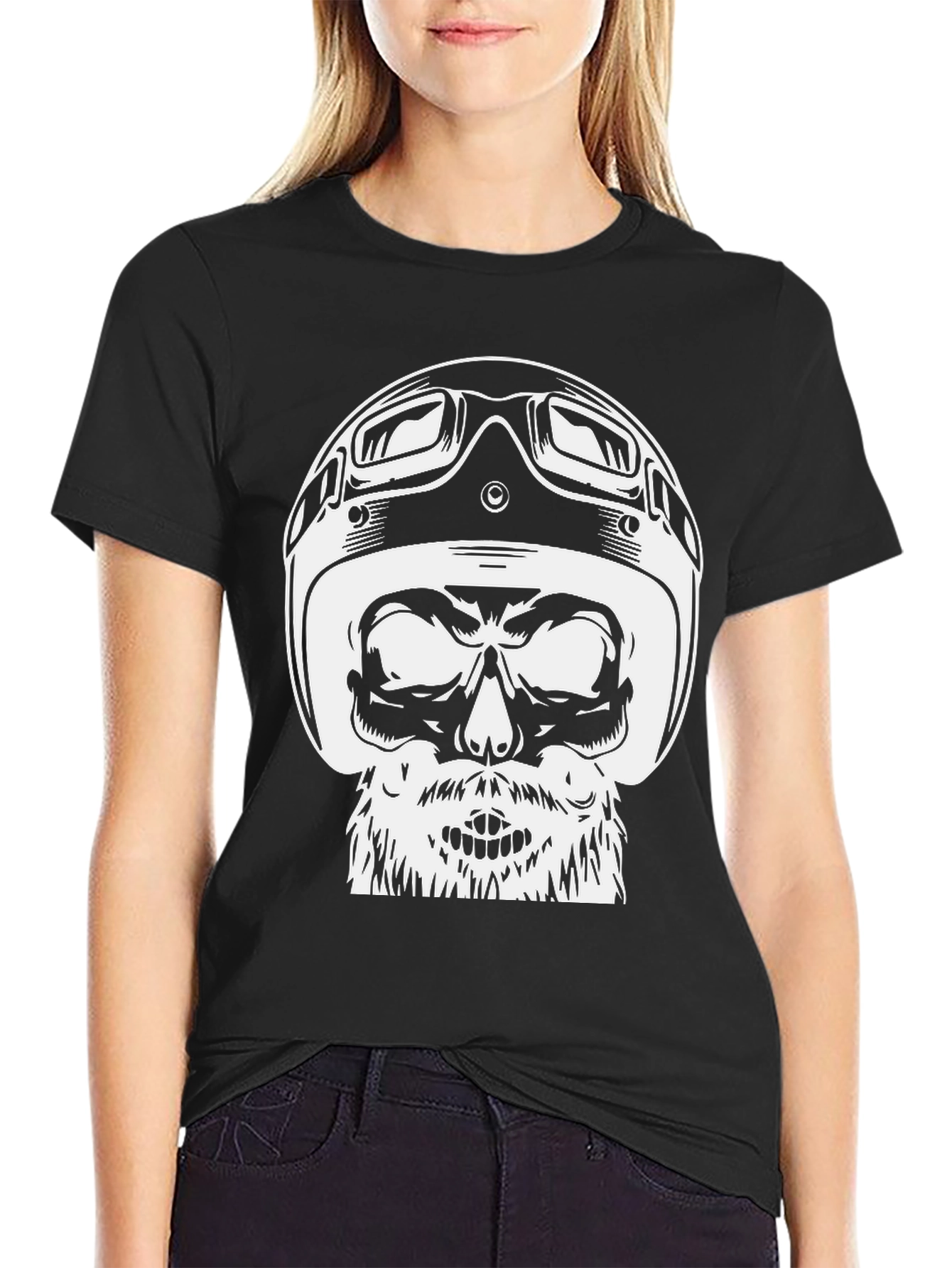 Black Skull Helmet Graphic Tee - Black Cotton T-Shirt view 2