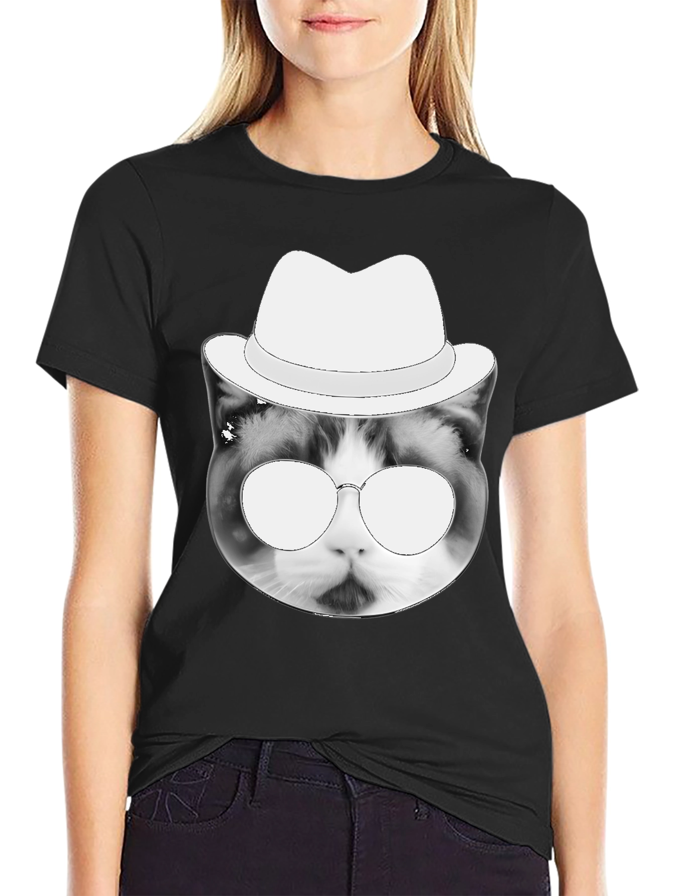 Black Cool Cat Tee: Black T-Shirt with Cat in Hat Graphic view 2
