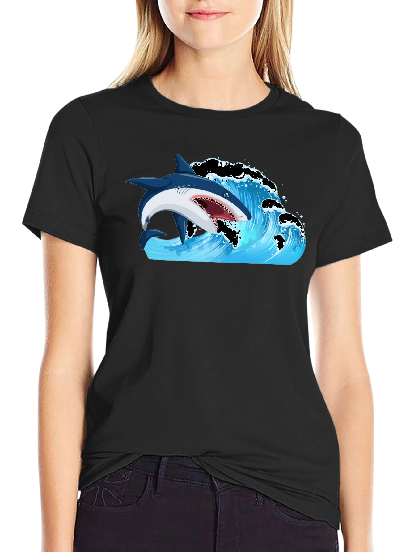 Black Shark Wave Graphic Print T-Shirt view 2