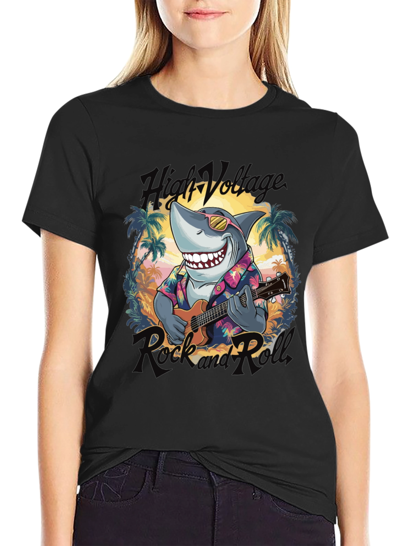 Black High Voltage Rock Shark T-Shirt view 2
