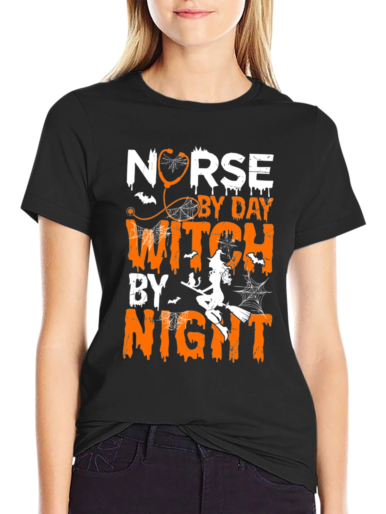 Black Nurse By Day Witch By Night Halloween T-Shirt view 2