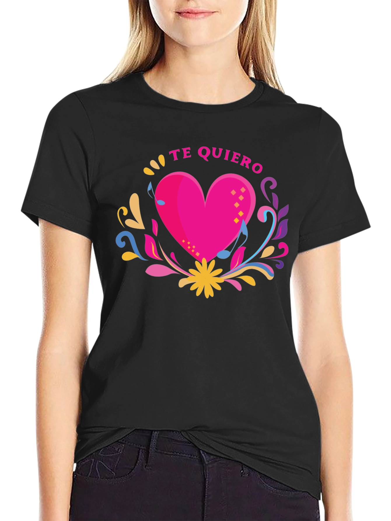 Black Te Quiero Heart Graphic Black T-Shirt view 2
