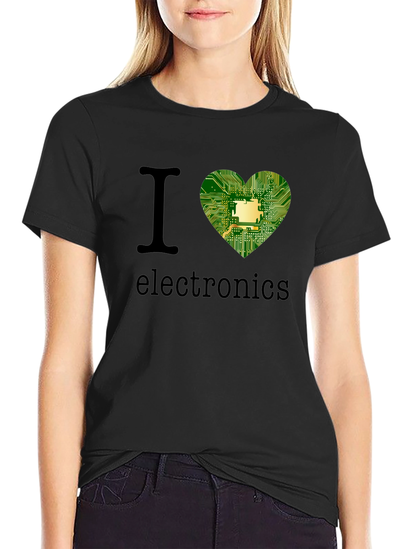 Black I Heart Electronics T-Shirt - Circuit Board Design view 2