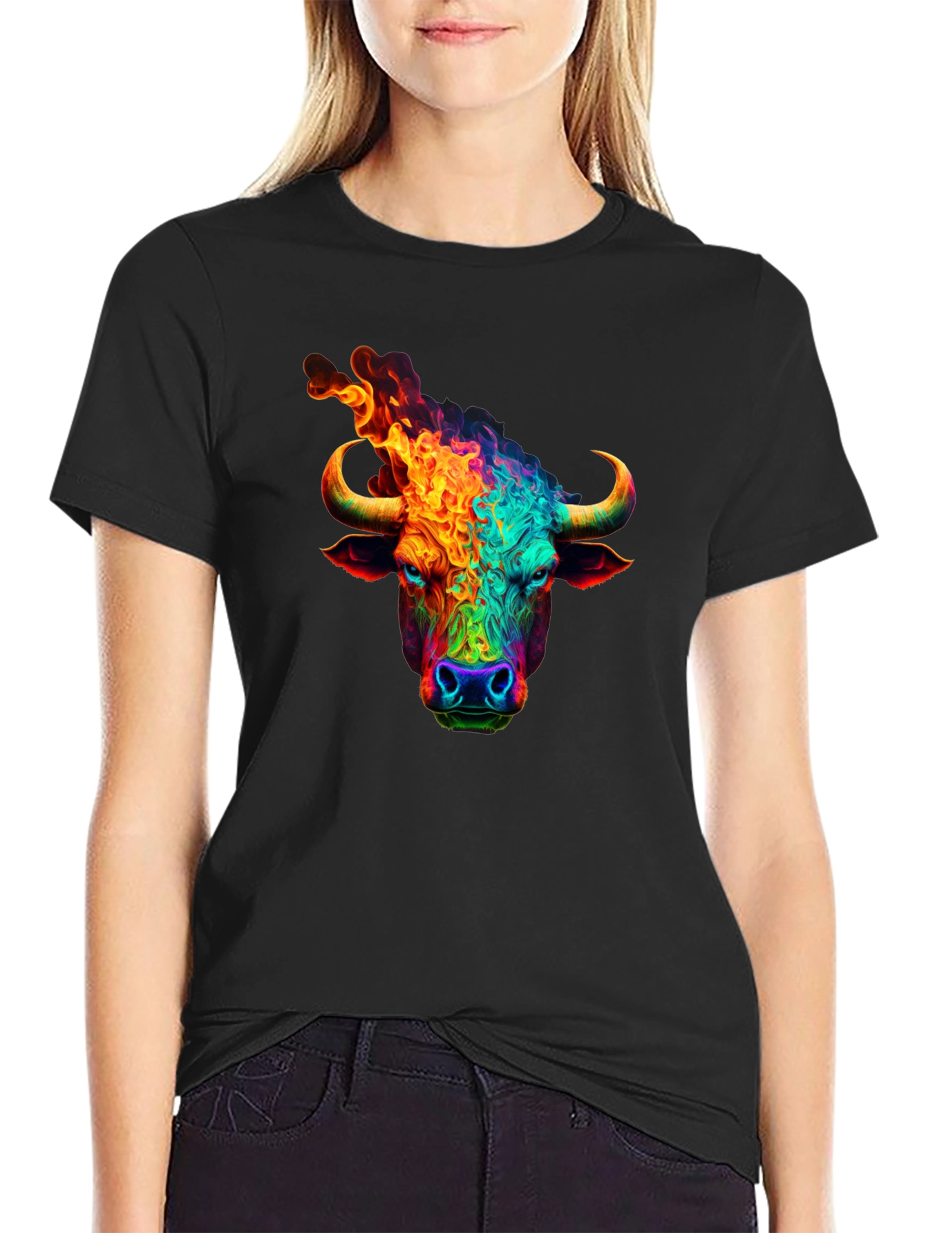 Black Fiery Bull Graphic T-Shirt - Bold & Vibrant Design view 2