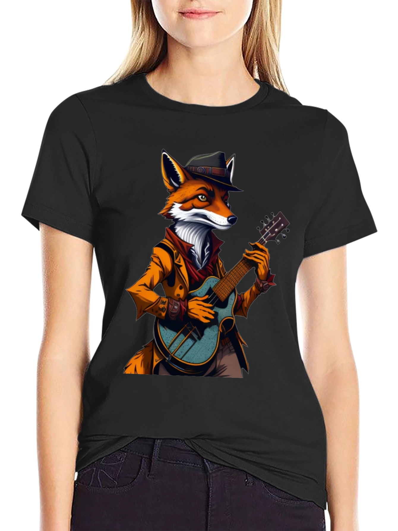 Black Fox Musician Graphic Tee - Cool Animal Shirt view 2
