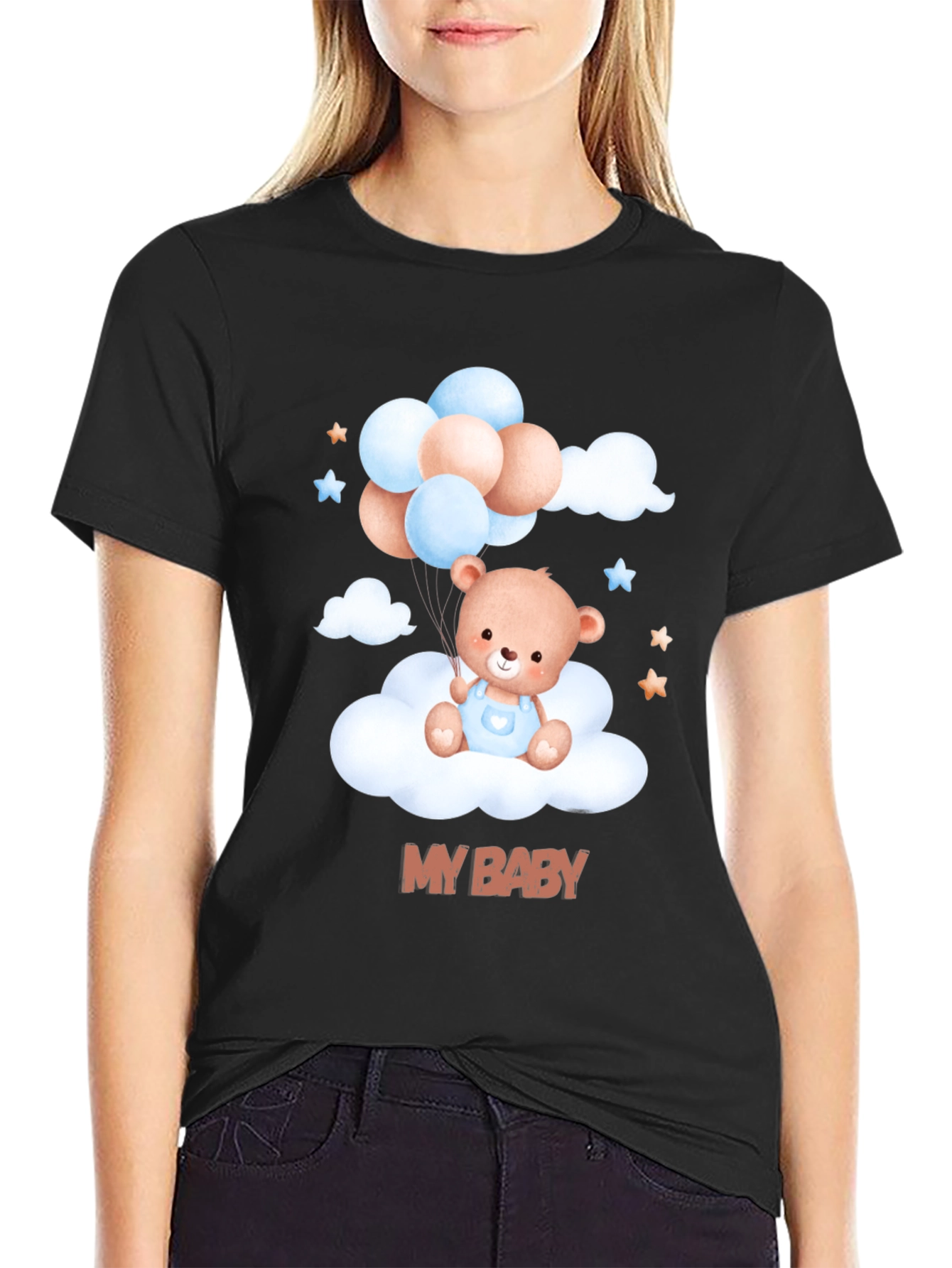 Black Cute "My Baby" Bear & Balloons Black T-Shirt view 2