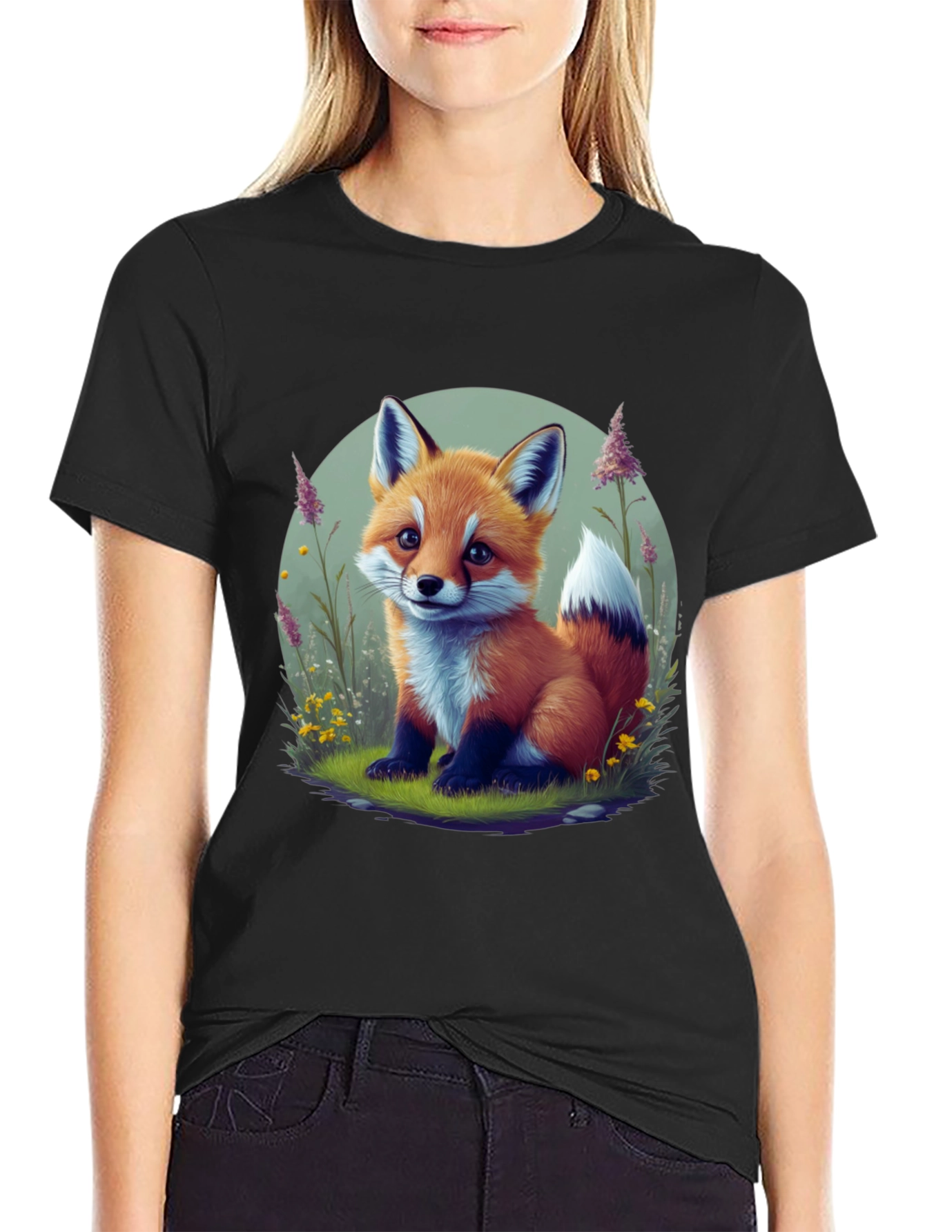 Black Cute Fox Graphic Tee - Soft Black Cotton view 2