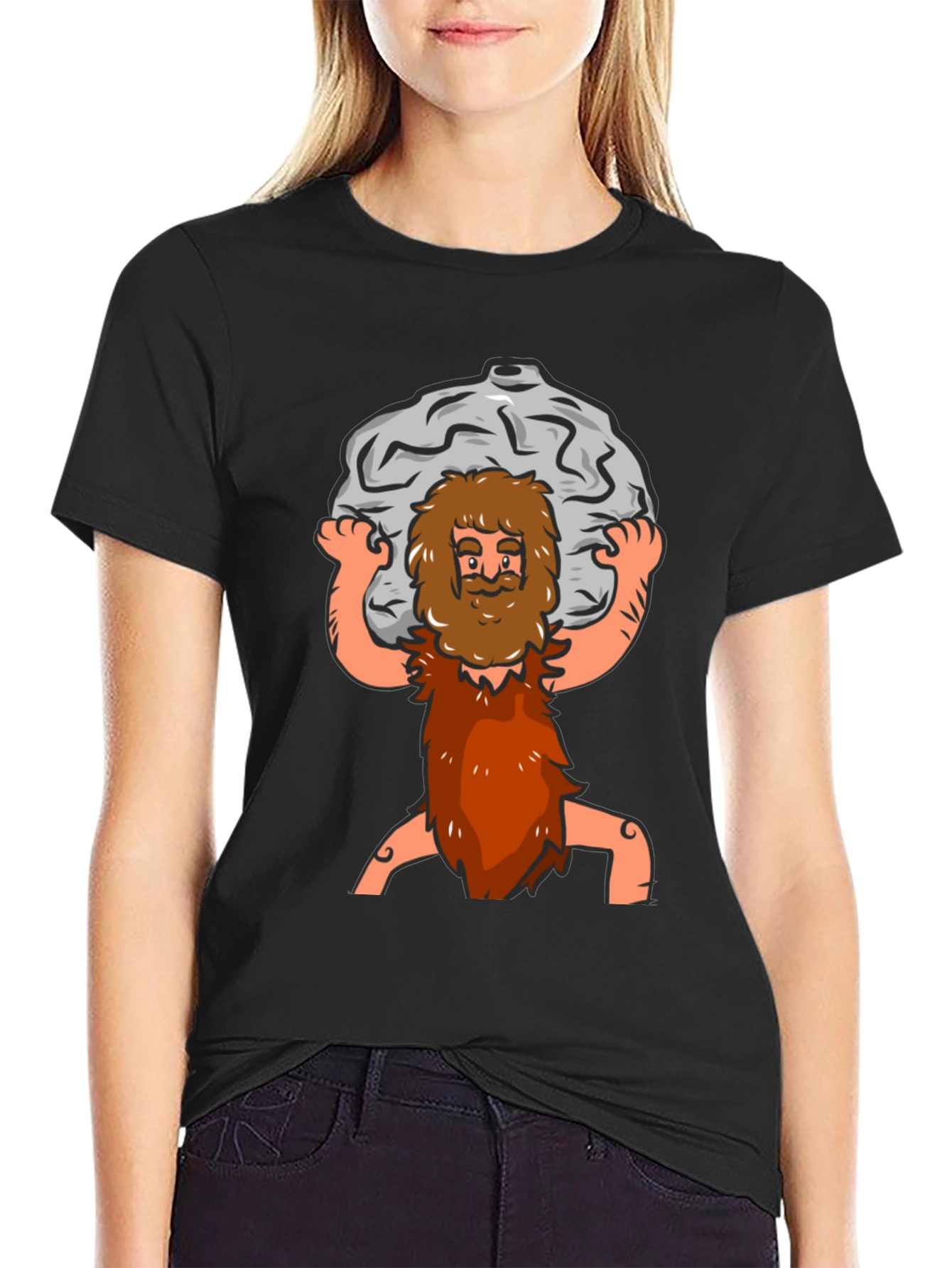 Black Atlas Caveman Cartoon Graphic T-Shirt view 2