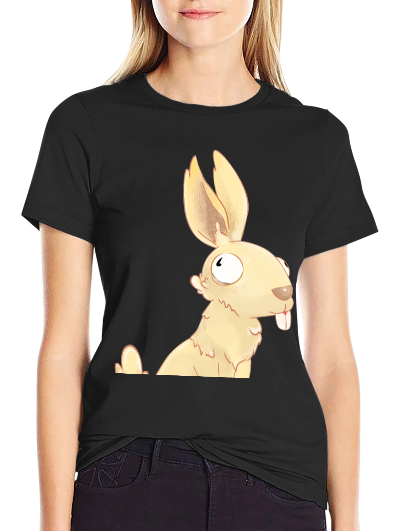 Black Funny Cartoon Rabbit Graphic T-Shirt view 2