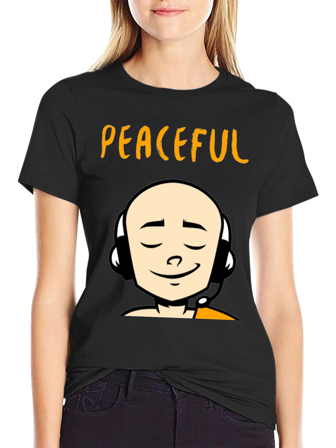 Peaceful Monk Graphic T-Shirt - Black Crew Neck Tee - 2