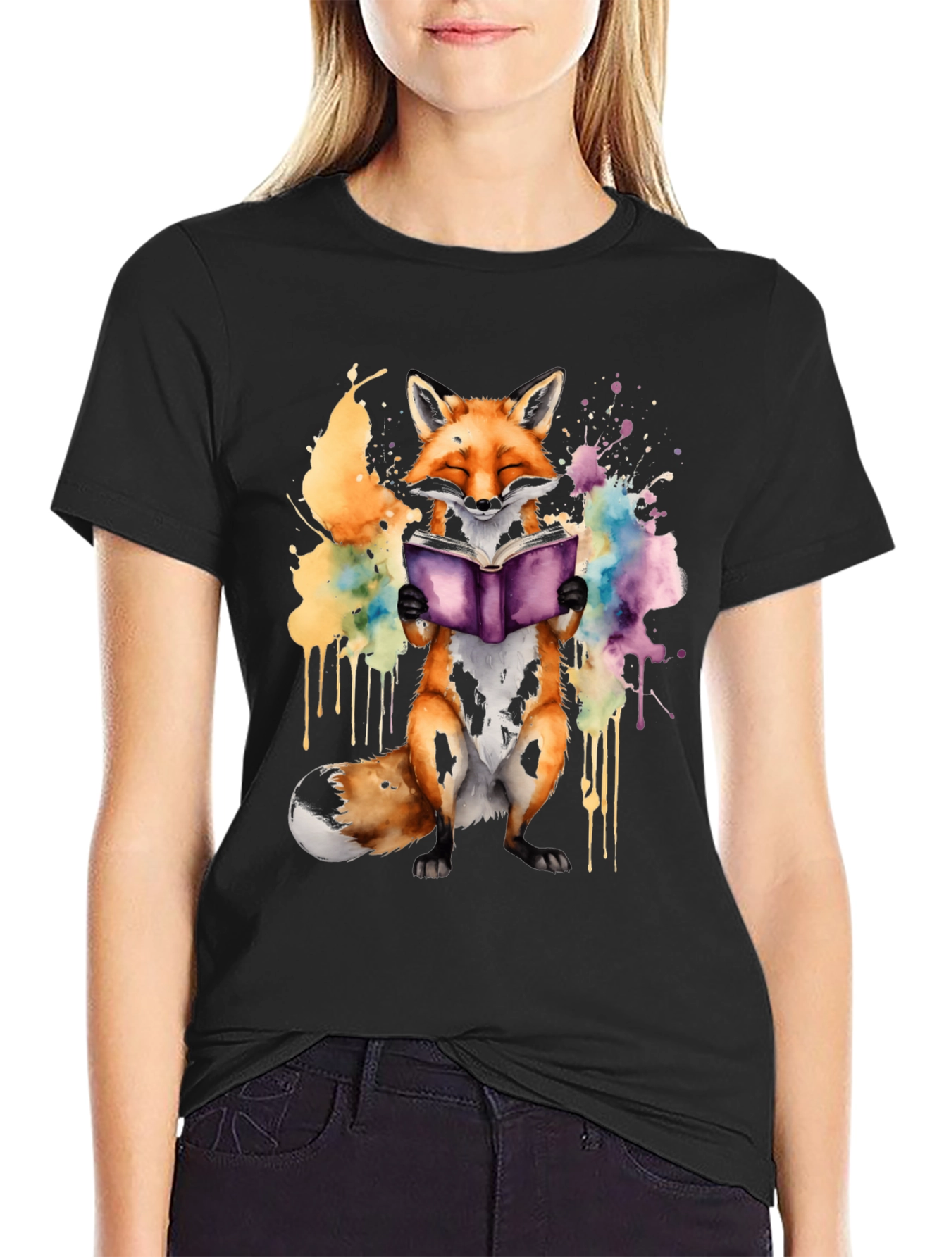 Black Fox Reading Book T-Shirt - Watercolor Design view 2