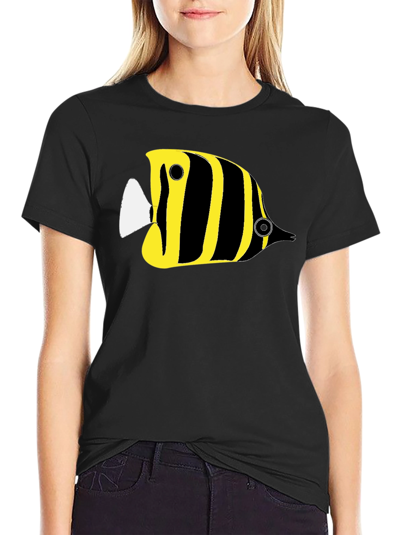 Black Black T-Shirt with Yellow Striped Fish Graphic view 2