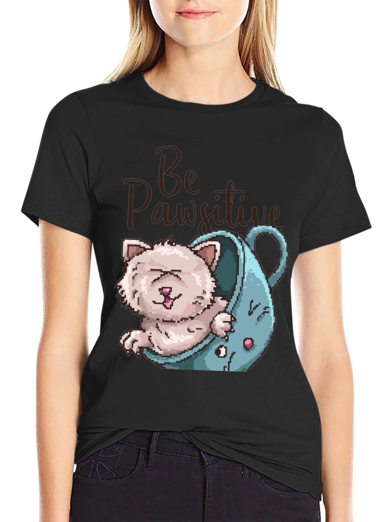 Black Be Pawsitive Cat Lover T-Shirt view 2