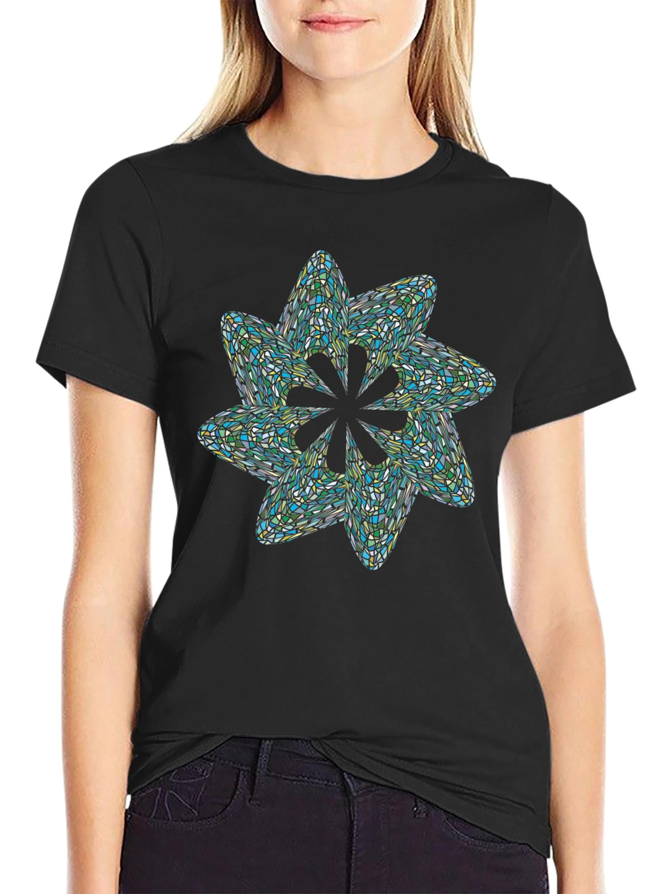 Black Abstract Mosaic Flower T-Shirt - Black view 2