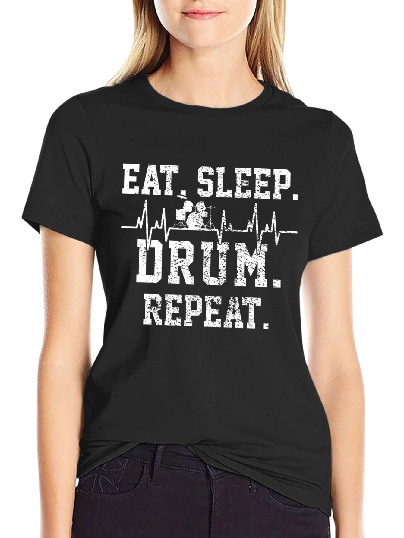 Black Eat Sleep Drum Repeat Black Graphic Tee view 2