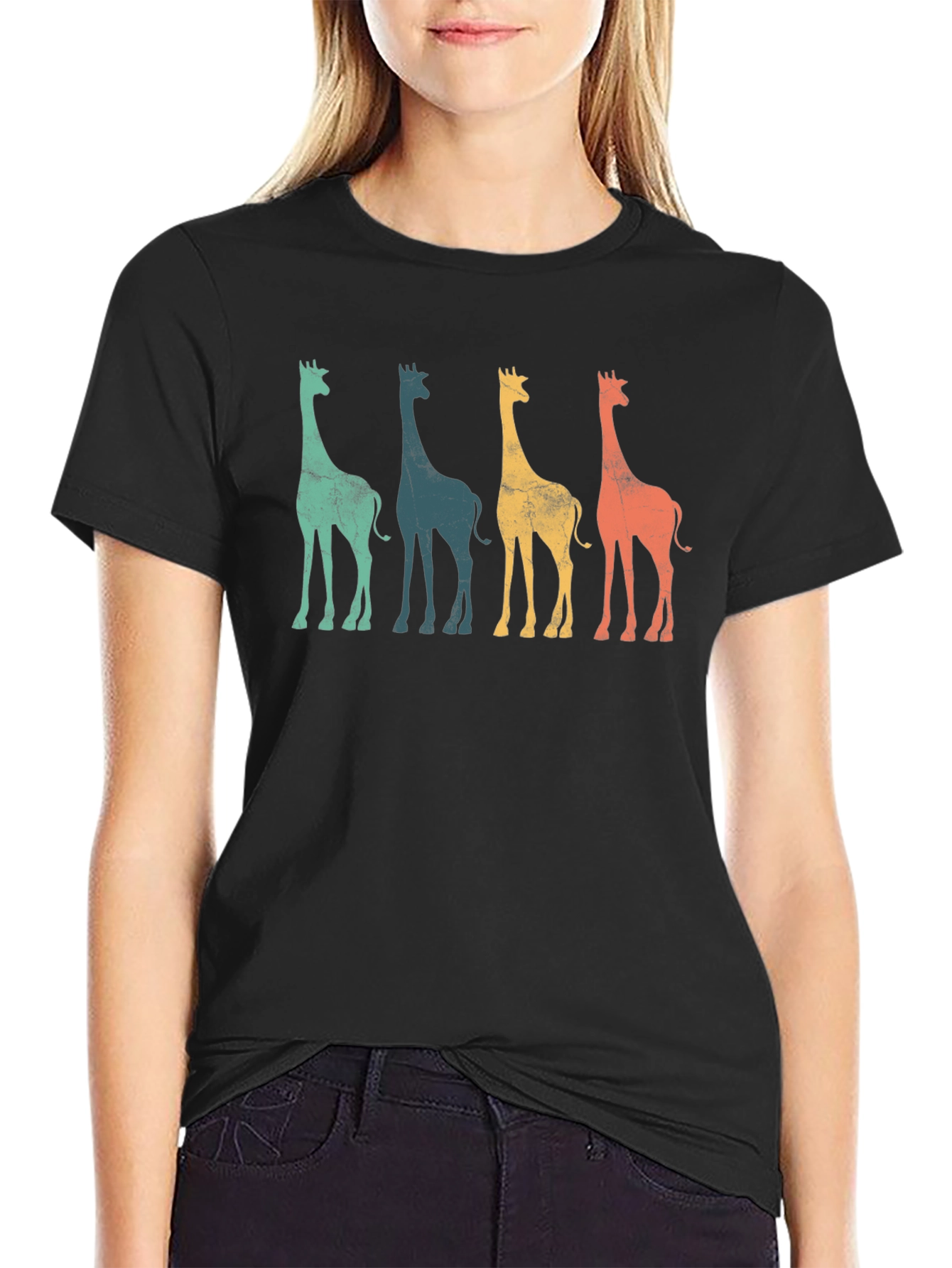 Black Retro Giraffe Graphic Tee - Cool Animal T-Shirt view 2