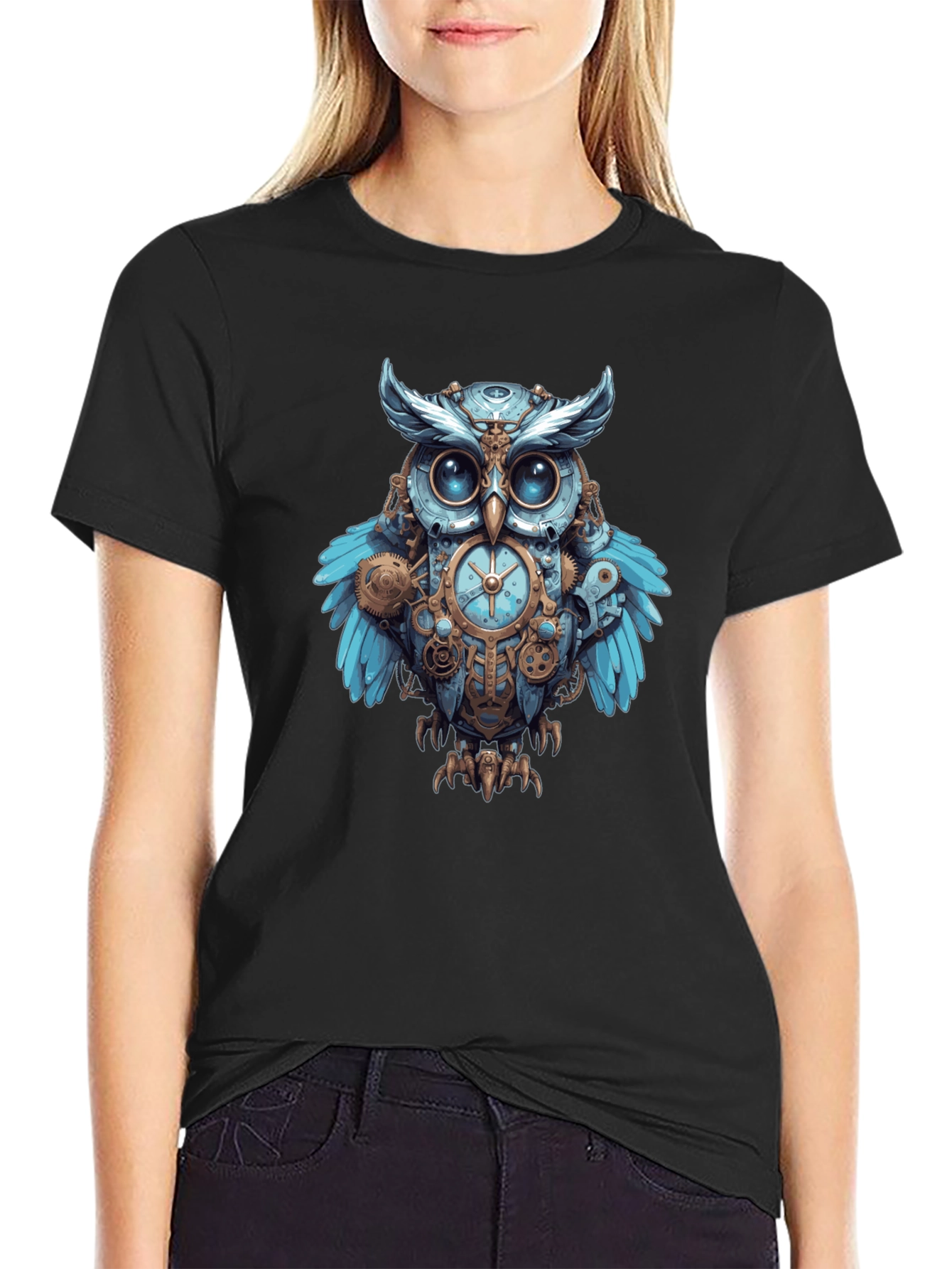 Black Steampunk Owl Graphic Print Men's T-Shirt view 2