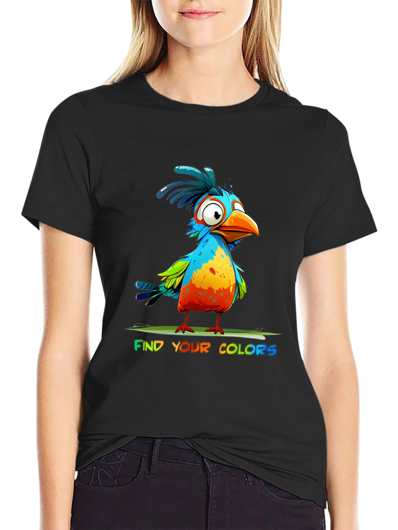 Black Colorful Cartoon Bird T-Shirt - Find Your Colors view 2