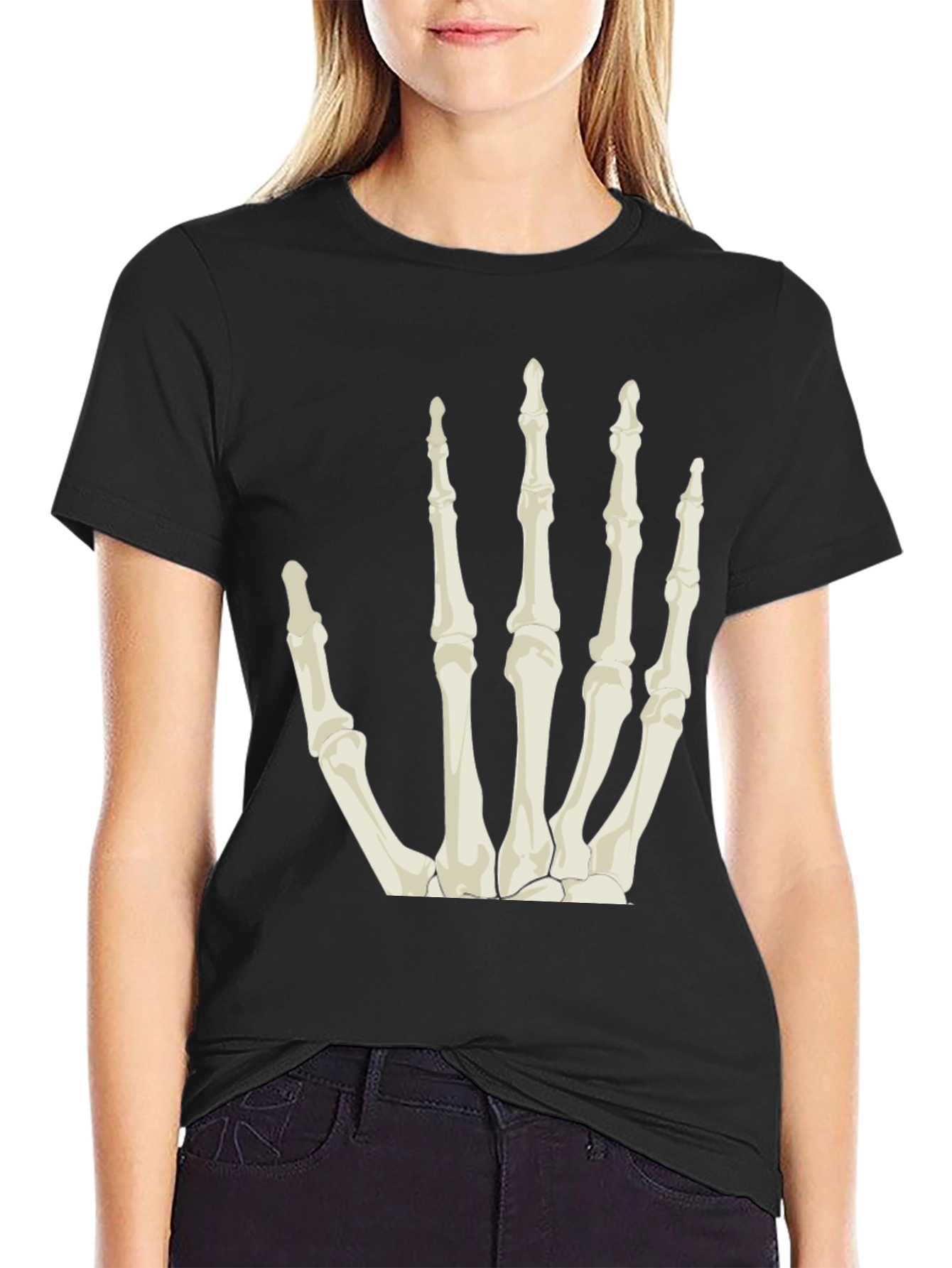 Black Skeleton Hand Graphic Tee - Black Cotton T-Shirt view 2