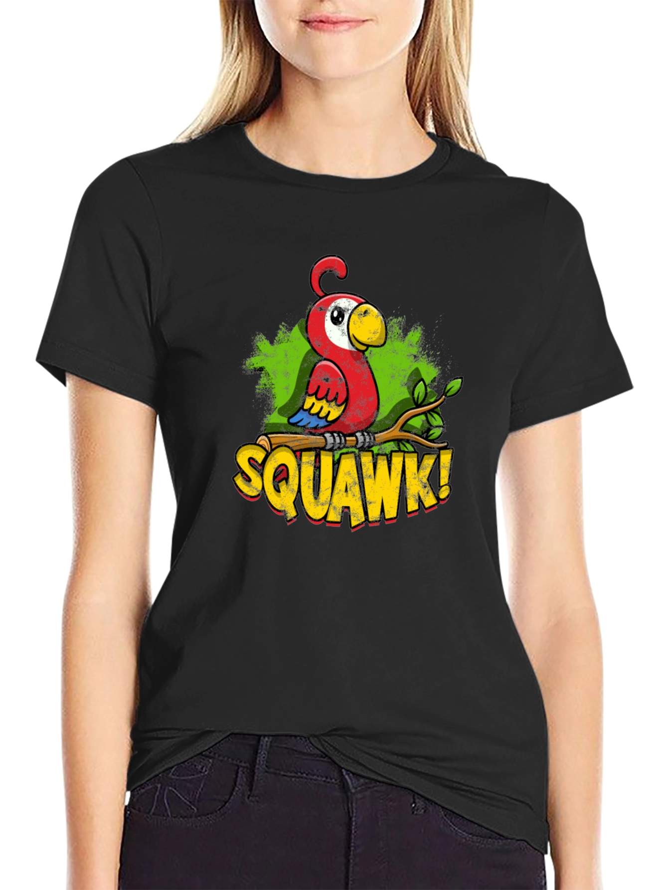Black Funny Parrot Graphic T-Shirt - SQUAWK! Cartoon Bird Tee view 2