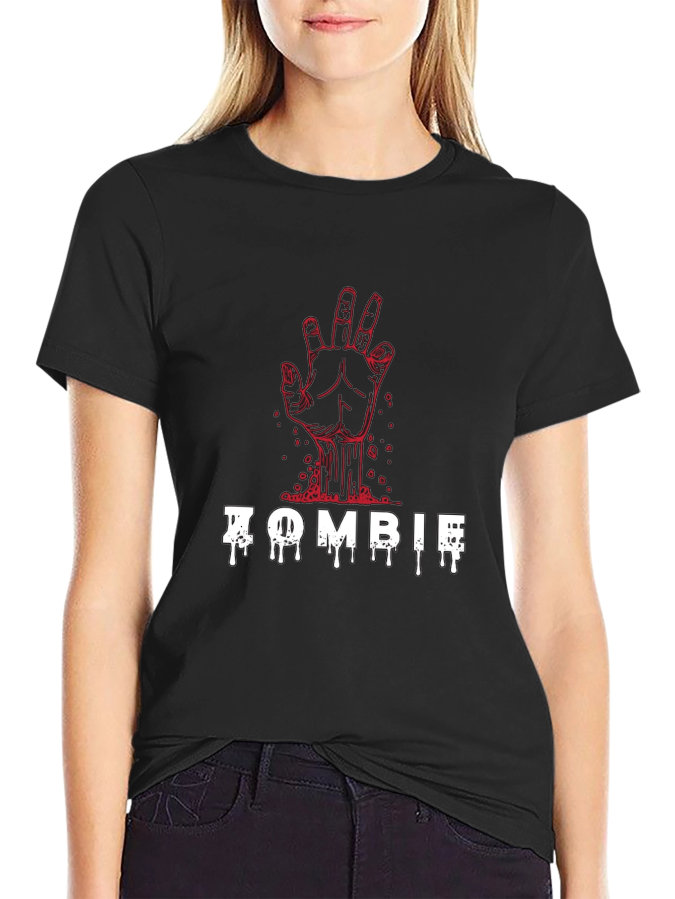 Black Zombie Hand Graphic Tee - Black Cotton T-Shirt view 2