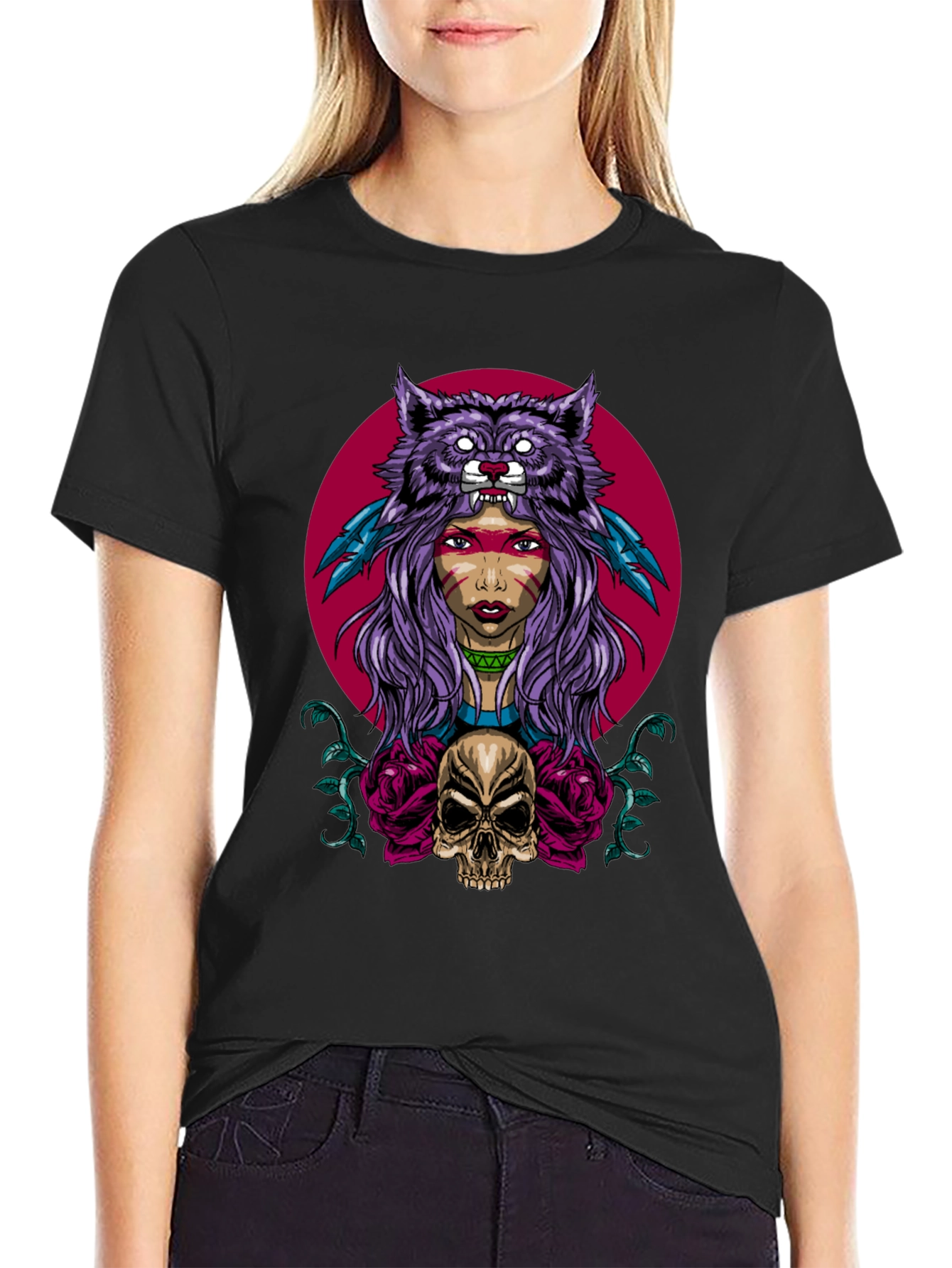 Black Wolf Headdress Skull Graphic Tee view 2
