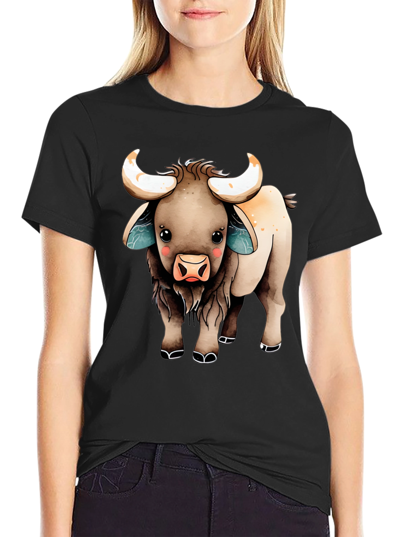 Black Cute Cartoon Highland Cow T-Shirt view 2