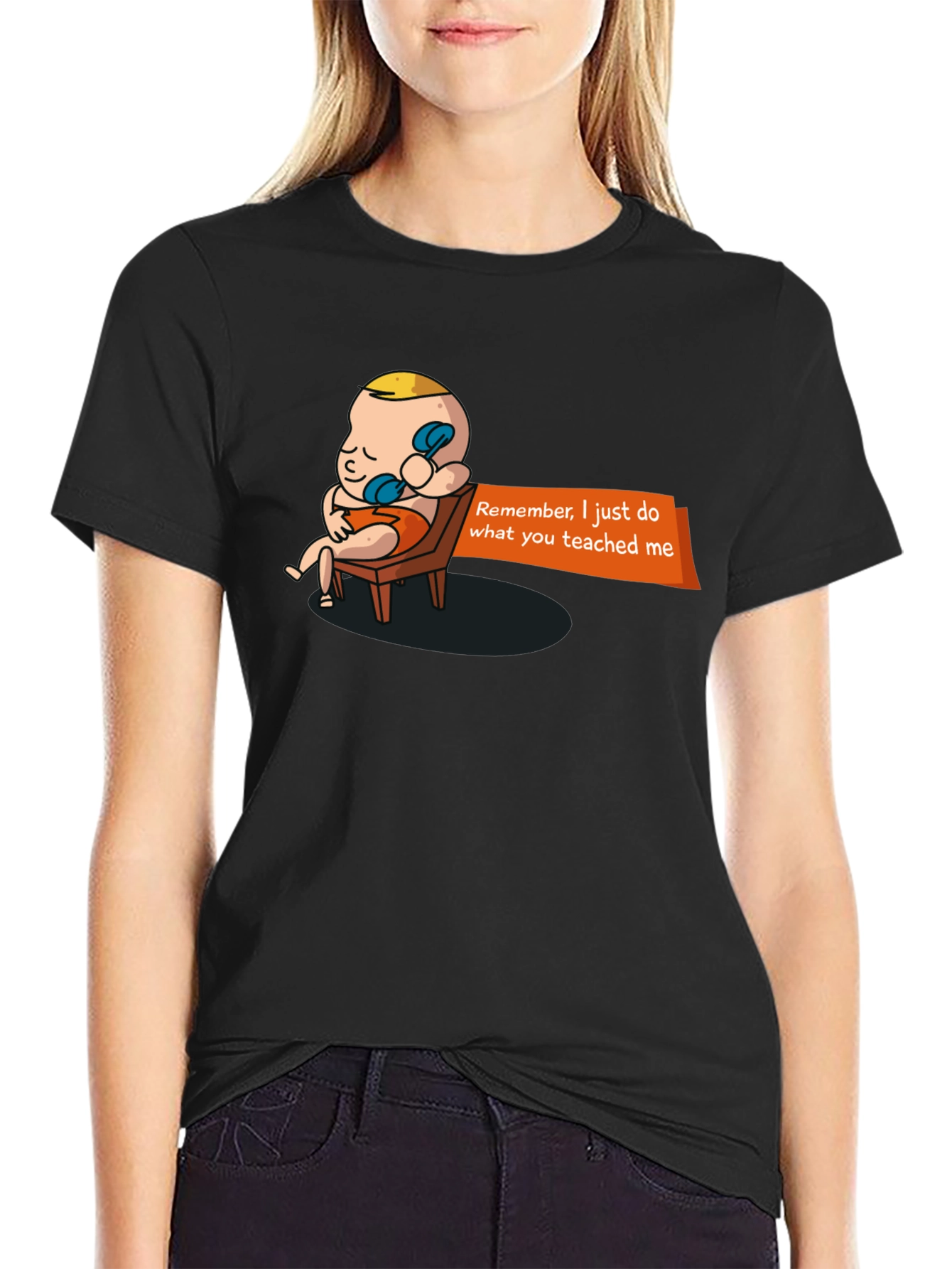 Black Funny Baby On Phone Graphic Tee - Remember What You Taught Me! view 2