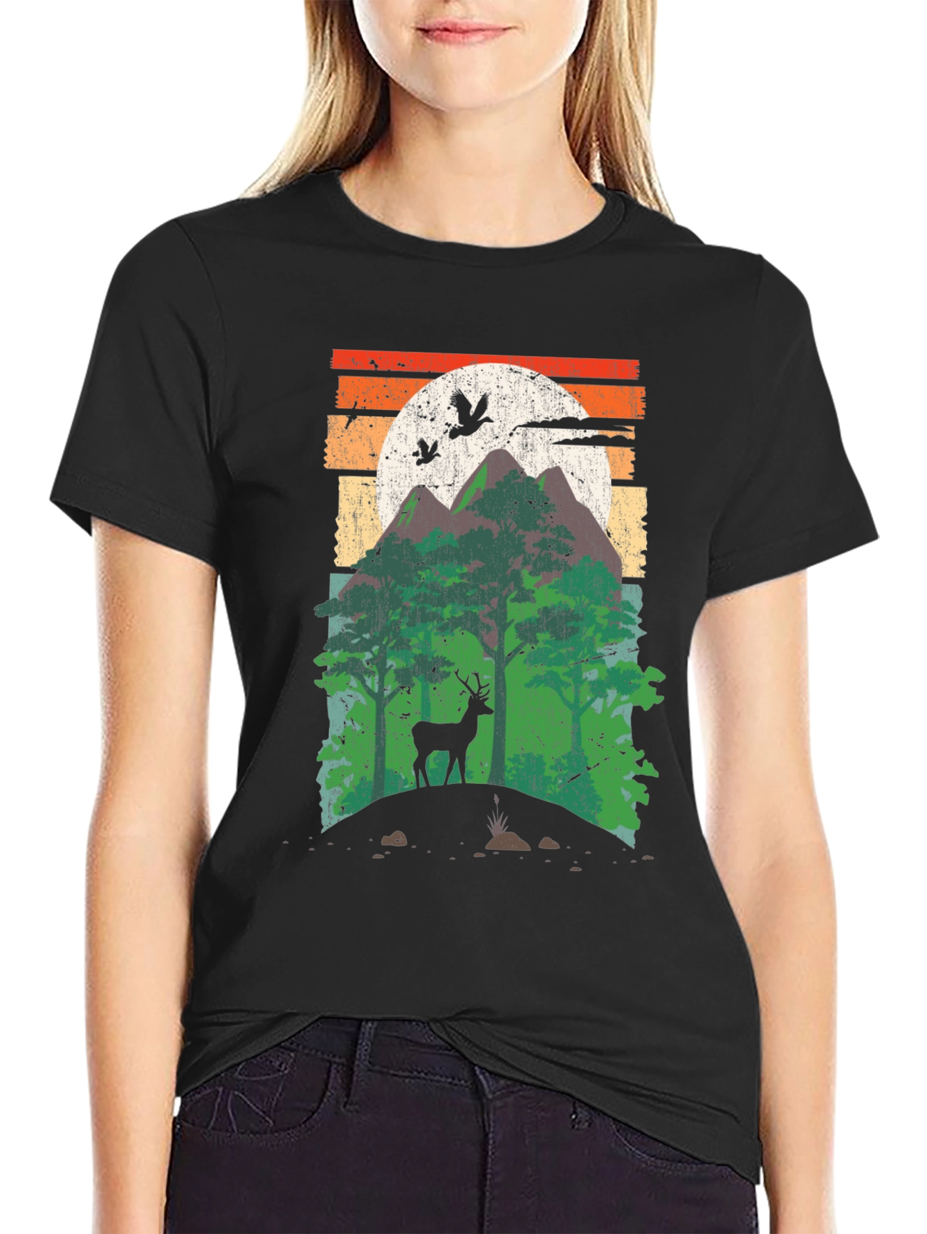 Black Retro Mountain Deer Graphic T-Shirt view 2