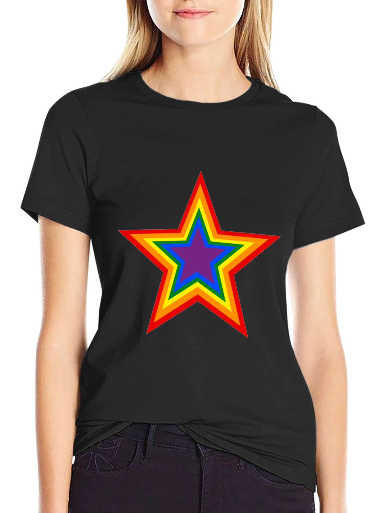 Black Rainbow Star Graphic Black T-Shirt view 2