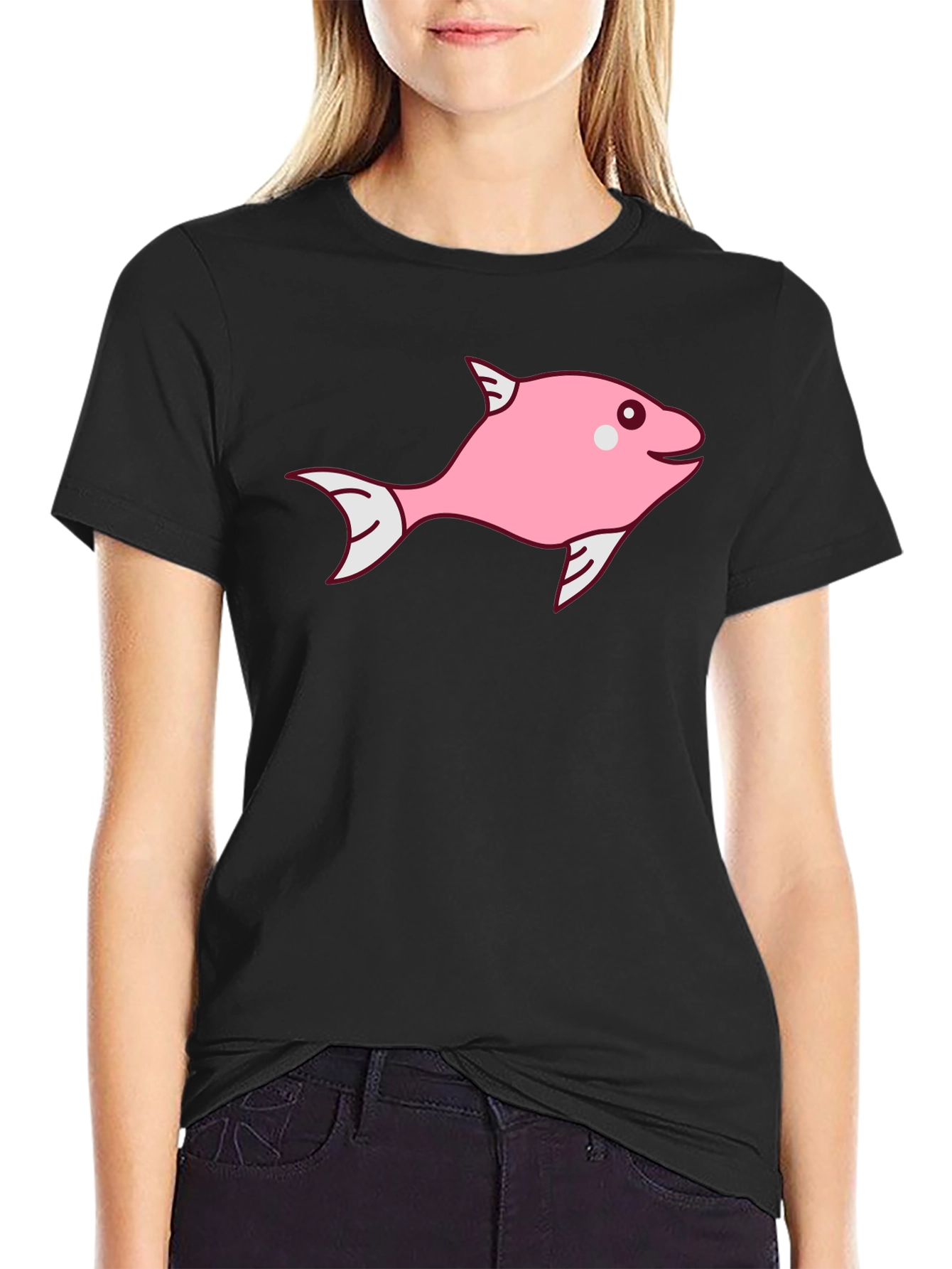 Black Pink Fish Graphic Tee - Black Cotton Blend view 2