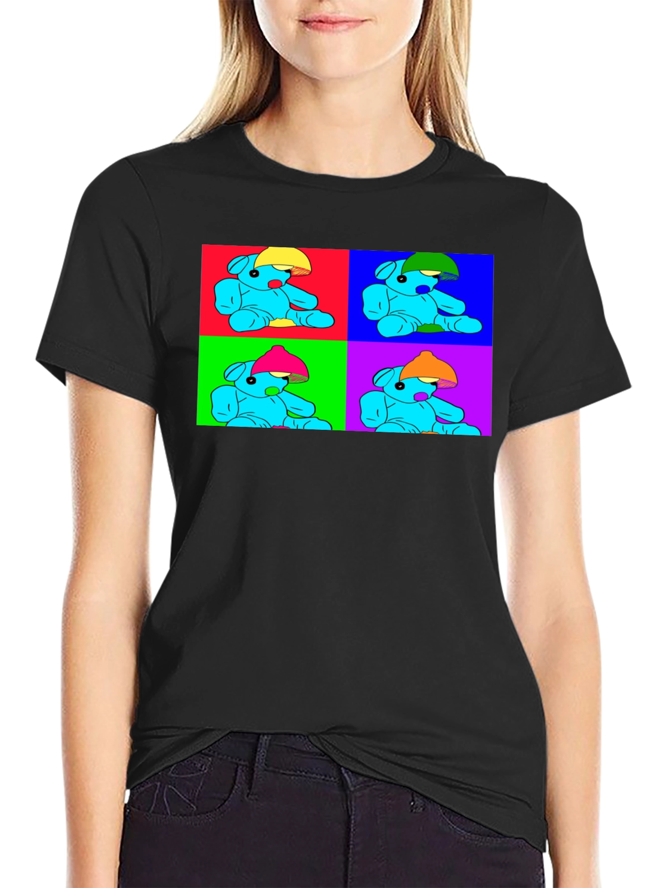Black Pop Art Teddy Bear Graphic Tee - Unique Design view 2