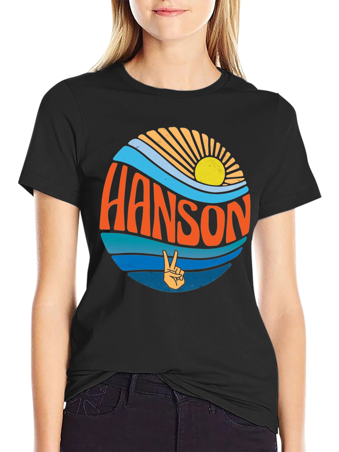 Black Retro HANSON T-Shirt - Sun, Waves, and Peace Sign Design view 2