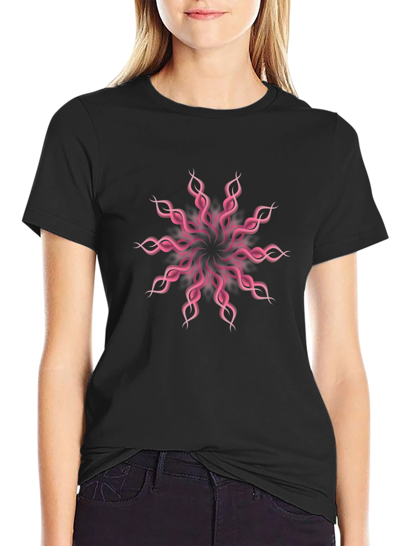 Black Stylish Black Tee with Pink Floral Design view 2